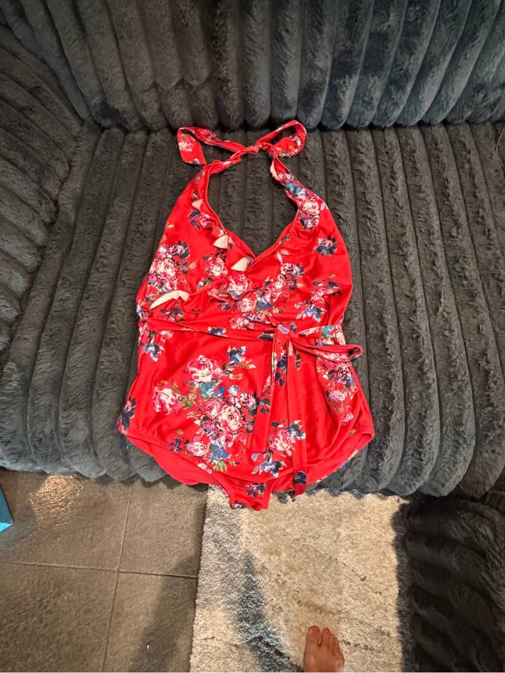 Modcloth Red Floral Halter Ruffle One Piece Swim